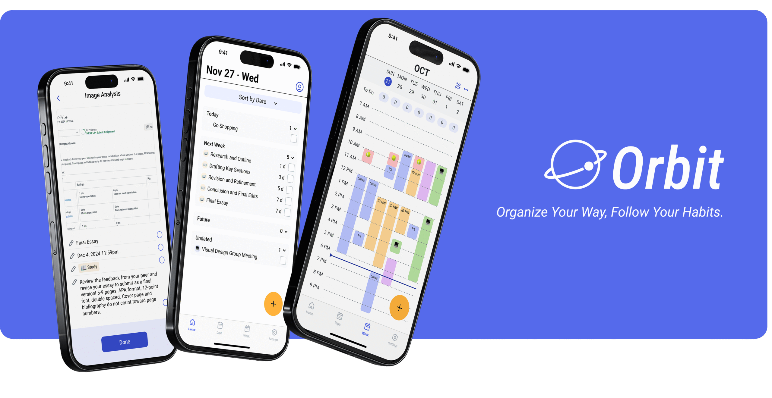 Orbit app screens showing Image Analysis, Home view, and Week calendar