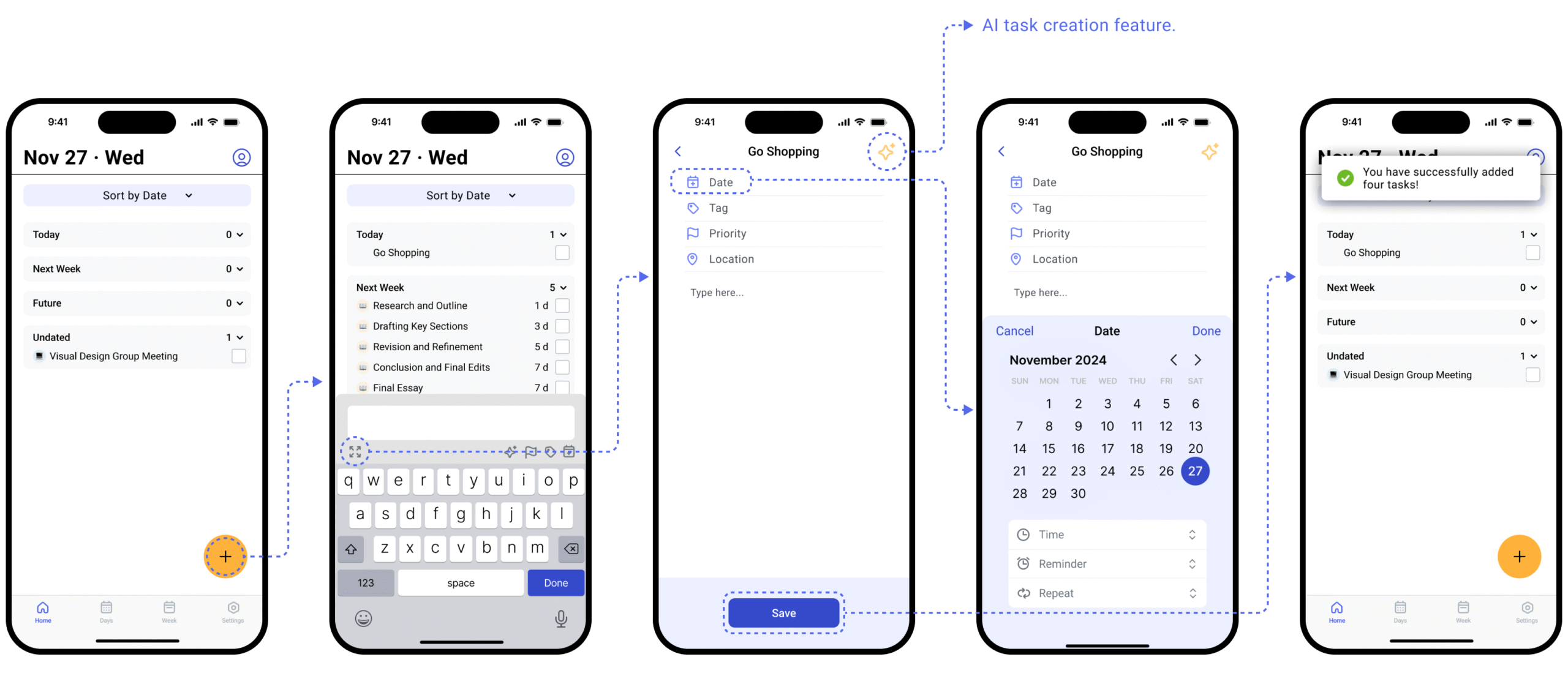 Manual task creation high-fi screenshots
