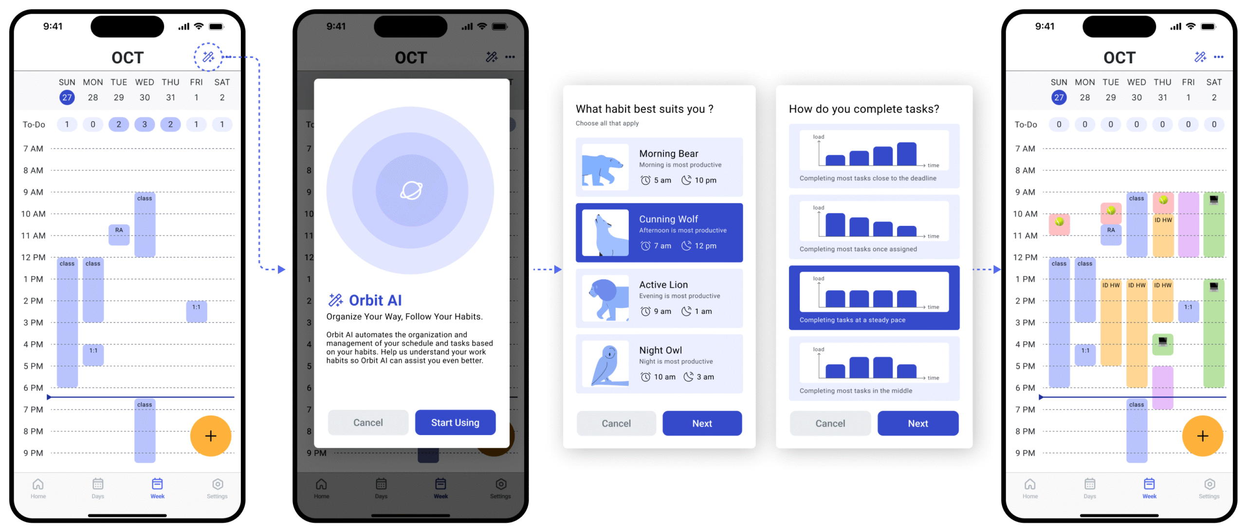 Habit Survey iteration and Week/Days View high-fi screenshots