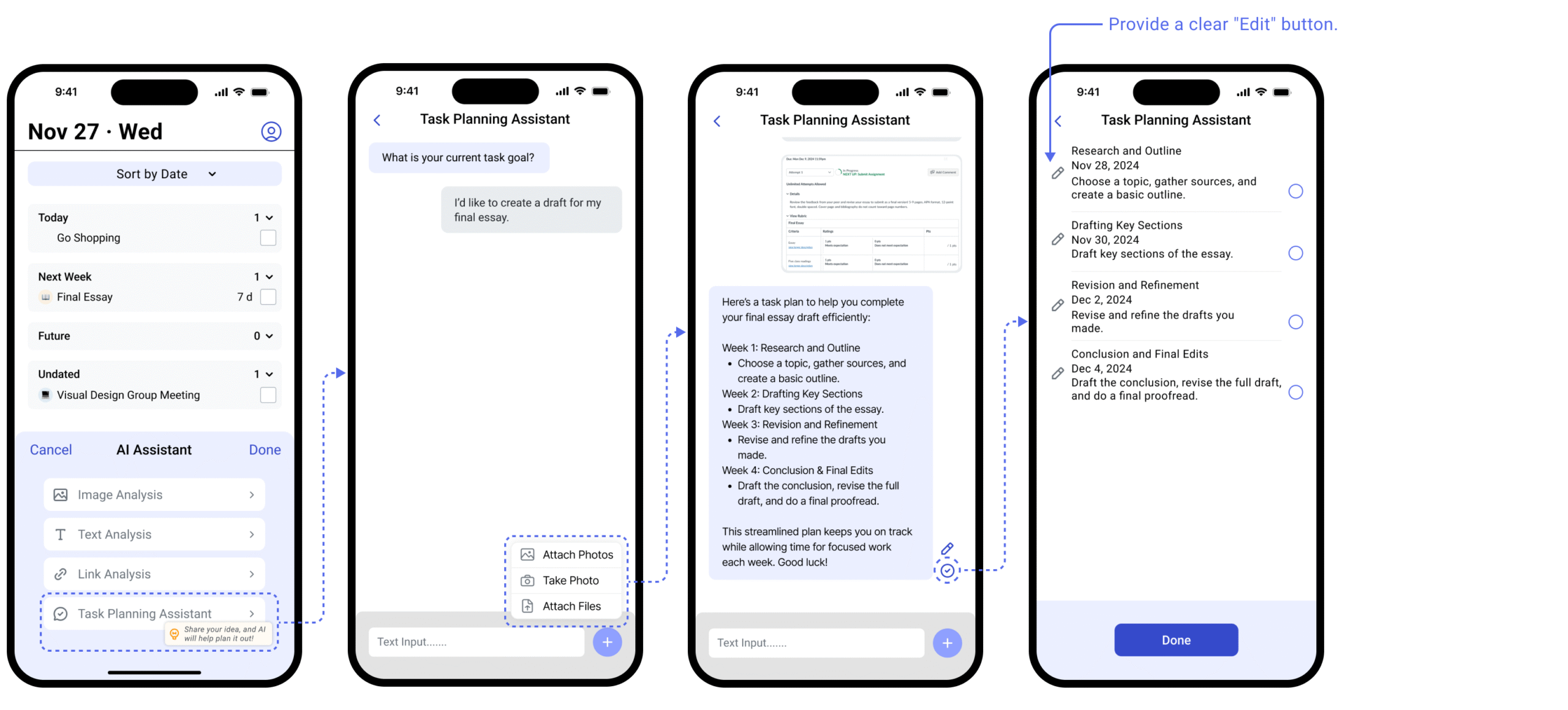 Task Breakdown Assistance Low to High-fi screenshots